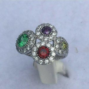 Elegant Silver Ring With Colorful Gemstones & CZ Accents Jewelry, Size 6 1/4